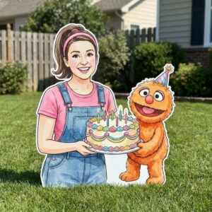 Ms Rachel and Herbie holding Cake 4 Foot Coroplast Cutout Yard Sign Life Size Prop Decoration Party Birthday