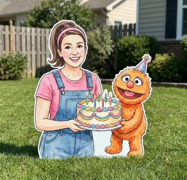 Ms Rachel and Herbie holding Cake 4 Foot Coroplast Cutout Yard Sign Life Size Prop Decoration Party Birthday