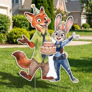 Zootopia Nick and Judy Holding Cake 4 Foot Coroplast Cutout Yard Sign Life Size Prop Decoration Party Birthday