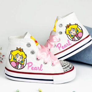 Personalized Name Birthday Super Mario Princess Peach White High Top Sneaker Custom Shoes Gift