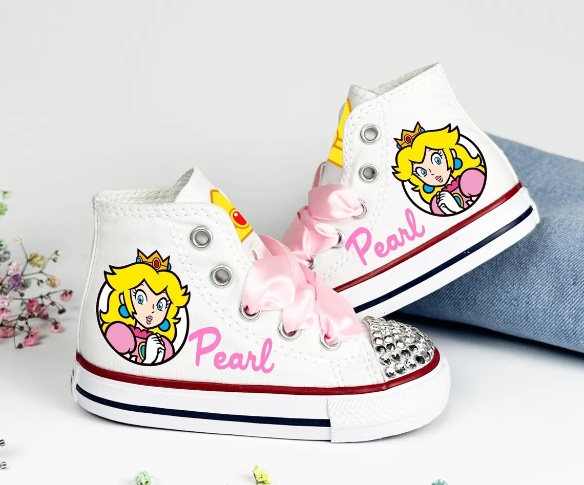 Personalized Name Birthday Super Mario Princess Peach White High Top Sneaker Custom Shoes Gift