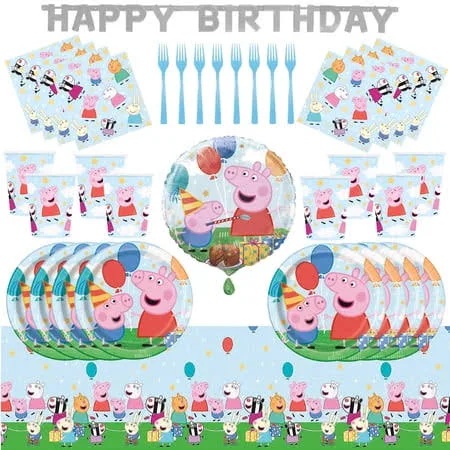Peppa Pig and Friends Birthday Party Supplies Napkins Plates Banner Tablecloth Set for 16 Guests