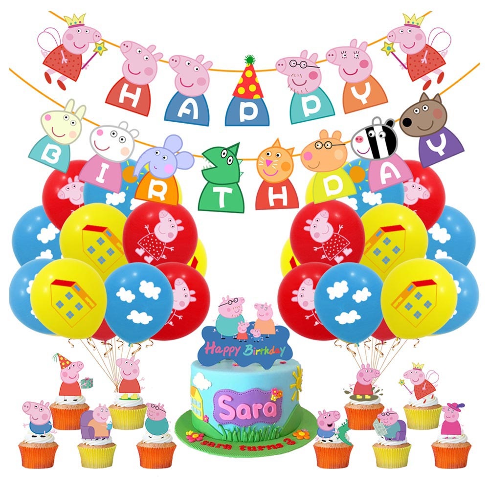 Peppa Pig Colorful Rainbow Birthday Party Supplies Balloons Cake Topper Banner Tablecloth 32 pcs