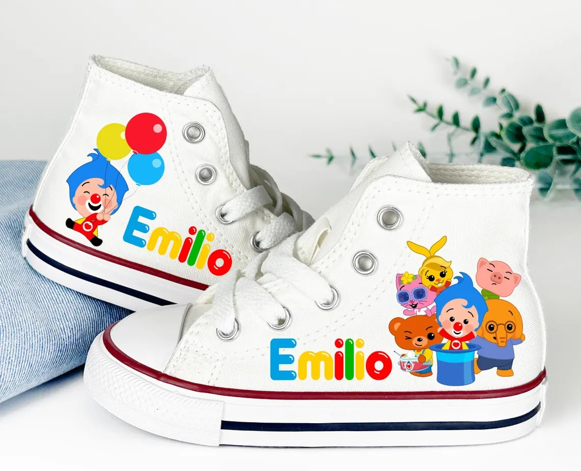 Personalized Name Birthday PLim Plim Clown and Friends White High Top Sneaker Custom Shoes Gift