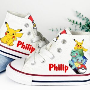 Personalized Name Birthday Pokemon Characters White High Top Sneaker Custom Shoes Gift