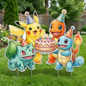Pokemon Characters holding Cake 4 Foot Coroplast Cutout Yard Sign Life Size Prop Decoration Party Birthday