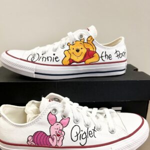Personalized Name Birthday Winnie the Pooh Piglet Signatures White Low Top Sneaker Custom Shoes Gift