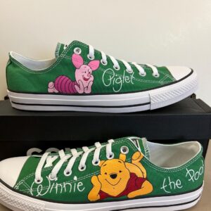 Personalized Name Birthday Winnie the Pooh Piglet Signatures Green Low Top Sneaker Custom Shoes Gift