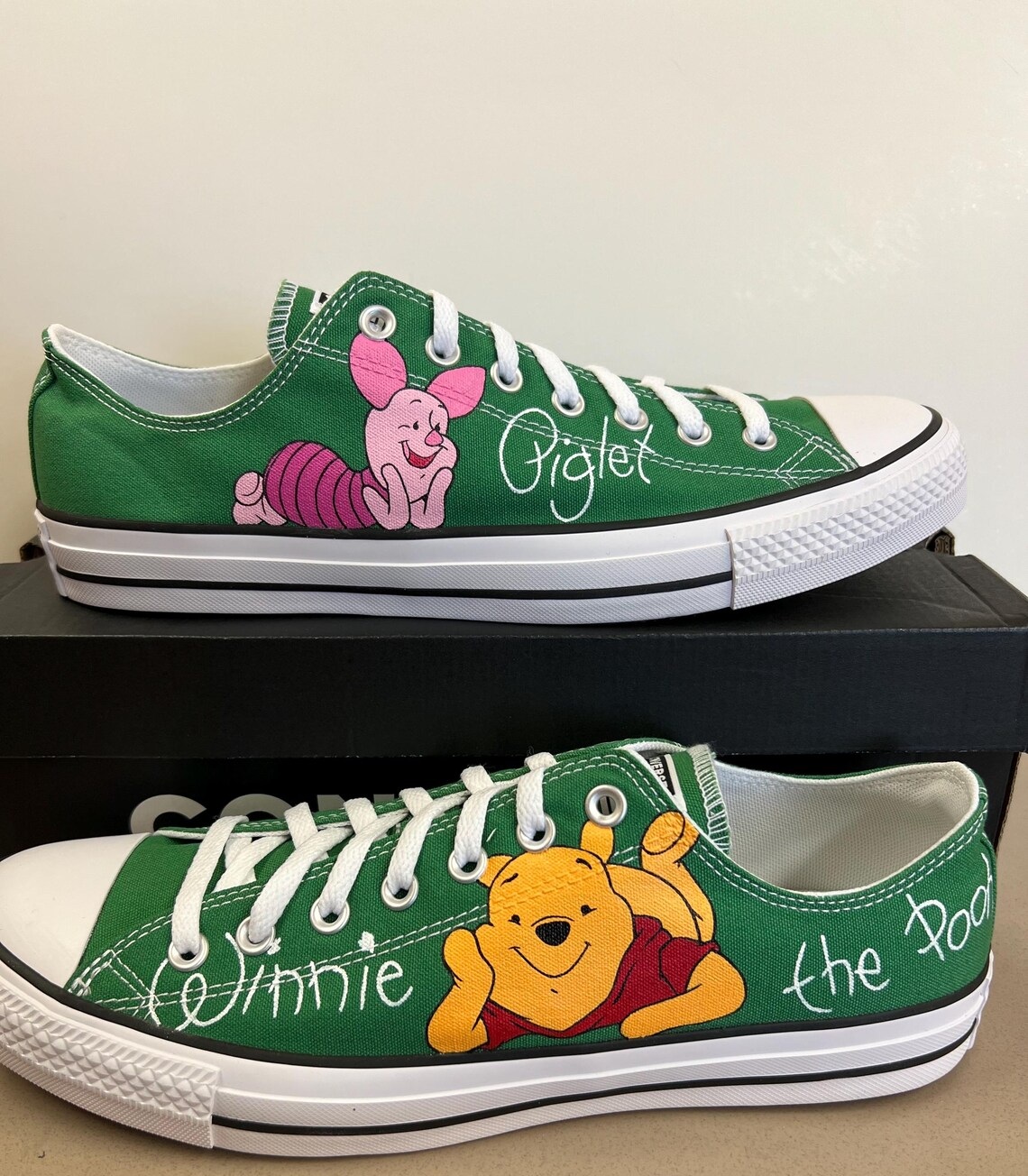 Personalized Name Birthday Winnie the Pooh Piglet Signatures Green Low Top Sneaker Custom Shoes Gift