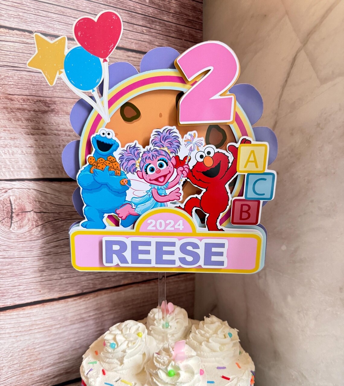 Custom Sesame Street Cookie Monster Abby Elmo 3D Cake Topper Personalized Birthday Party Decor Custom Name & Age