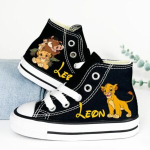 Personalized Name Birthday The Lion King Simba Cub Timon Pumbaa Black High Top Sneaker Custom Shoes Gift