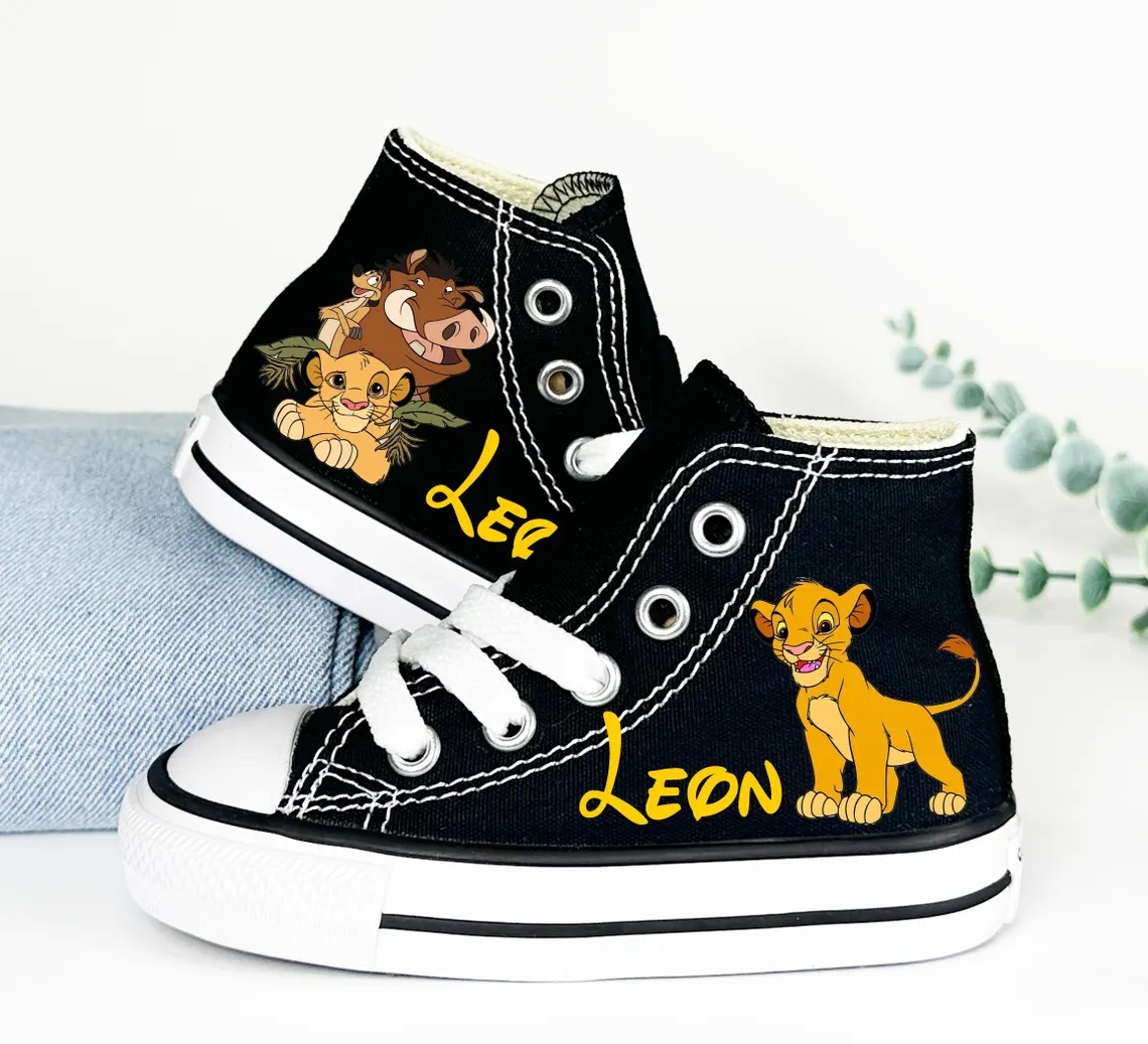 Personalized Name Birthday The Lion King Simba Cub Timon Pumbaa Black High Top Sneaker Custom Shoes Gift