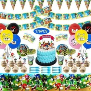 Sonic the Hedgehog Birthday Party Supplies Banner cake Cupcake Toppers Balloons Cutlery Tablecloth 176 Pcs Kit