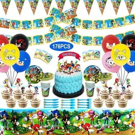 Sonic the Hedgehog Birthday Party Supplies Banner cake Cupcake Toppers Balloons Cutlery Tablecloth 176 Pcs Kit