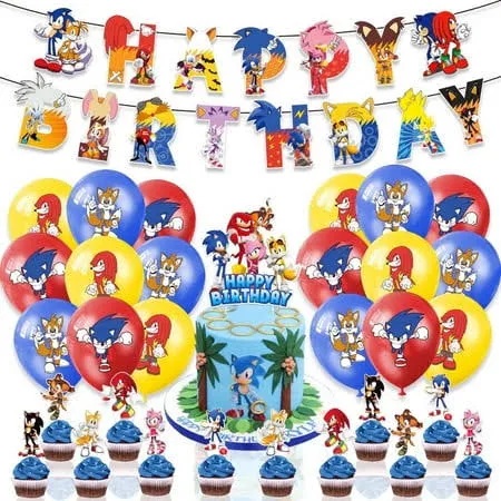 Sonic the Hedgehog Birthday Party Supplies Banner cake Cupcake Toppers Balloons