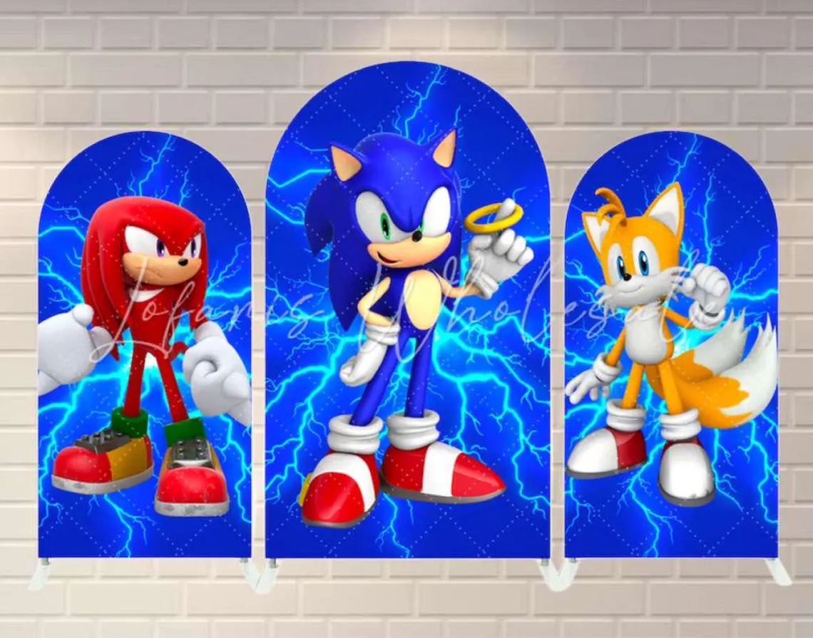 Modern Sonic the Hedgehog Knuckles Tails Fabric Arch Cover Backdrop Background 7.2ft by 4ft Life Size Prop Decoration Party Birthday