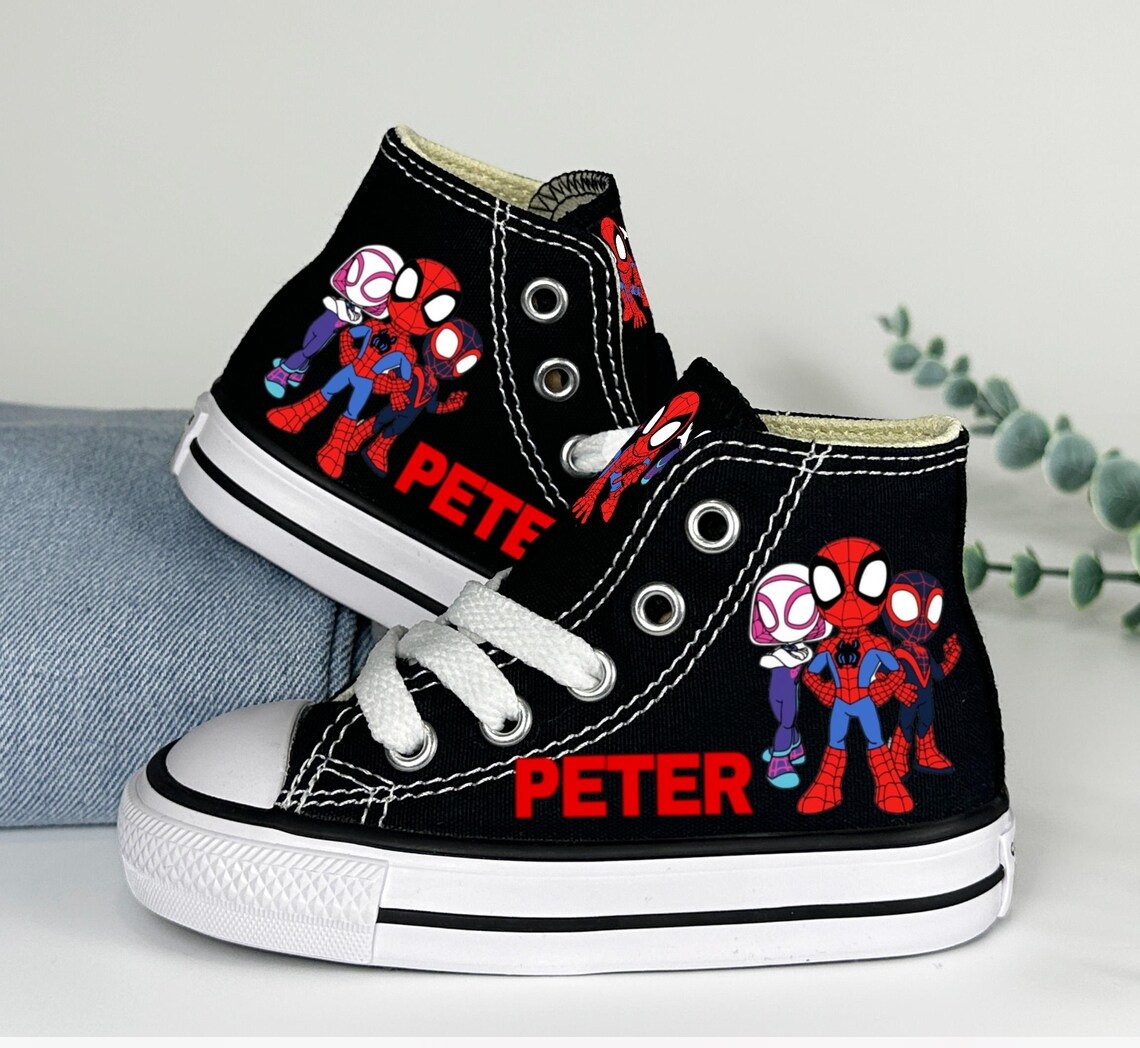 Personalized Name Birthday Spidey and his Amazing Friends Black High Top Sneaker Custom Shoes Gift