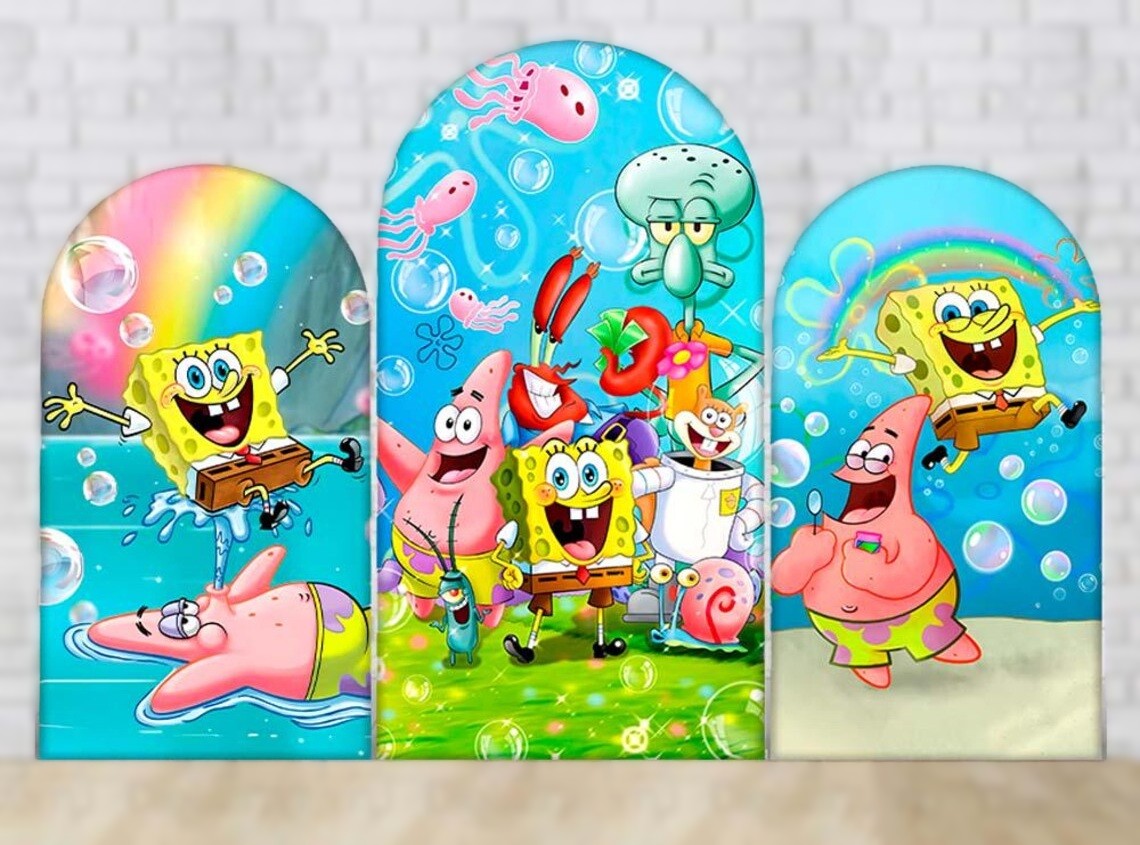 SpongeBob SquarePants Bikini Bottom Friends Fabric Arch Cover Backdrop Background 7.2ft by 4ft Life Size Prop Decoration Party Birthday