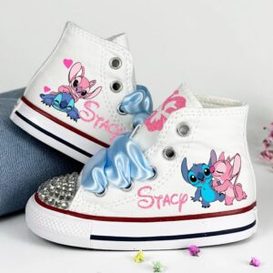 Personalized Name Birthday Stitch and Angel White High Top Sneaker Custom Shoes Gift