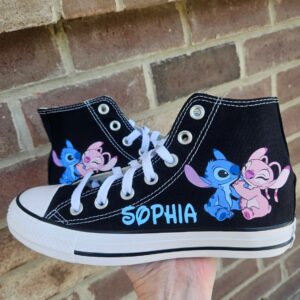 Personalized Name Birthday Stitch and Angel Black High Top Sneaker Custom Shoes Gift