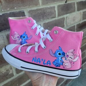 Personalized Name Birthday Stitch and Angel Pink High Top Sneaker Custom Shoes Gift