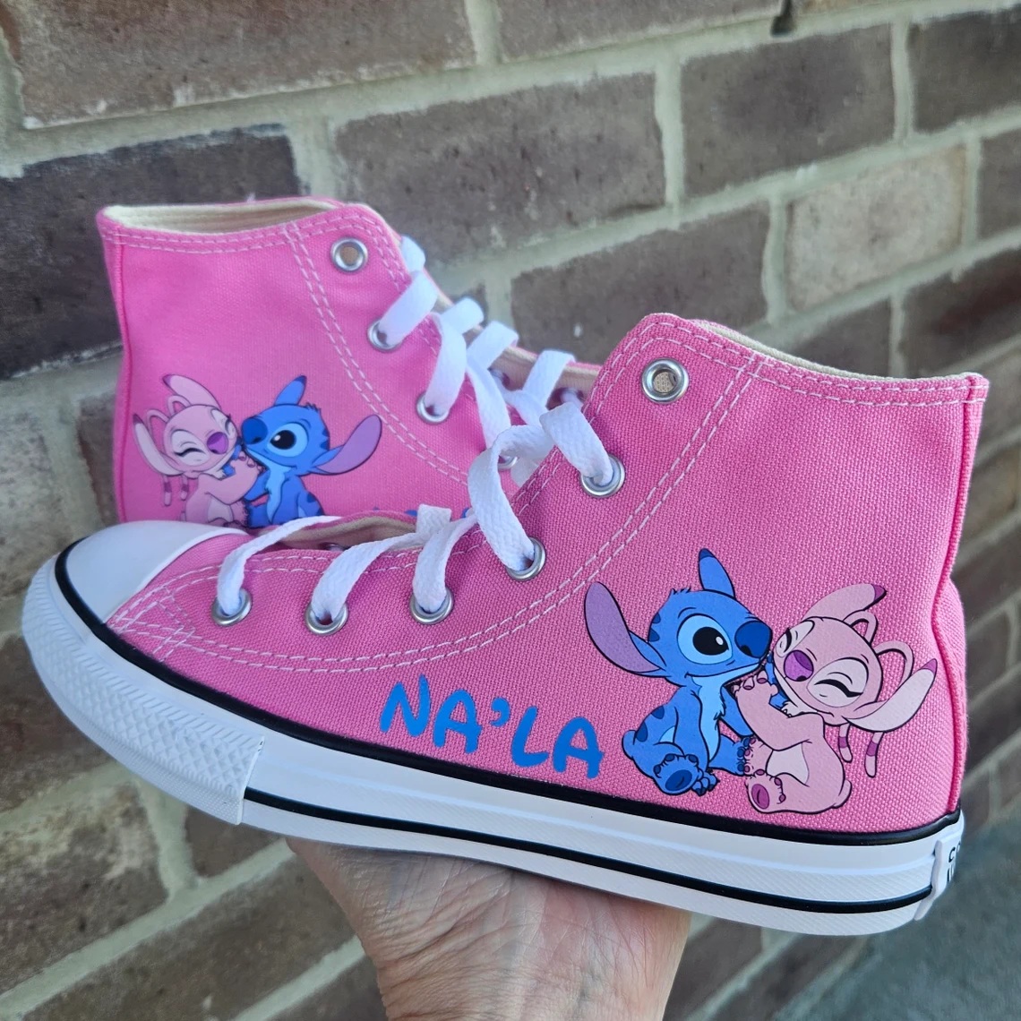 Personalized Name Birthday Stitch and Angel Pink High Top Sneaker Custom Shoes Gift