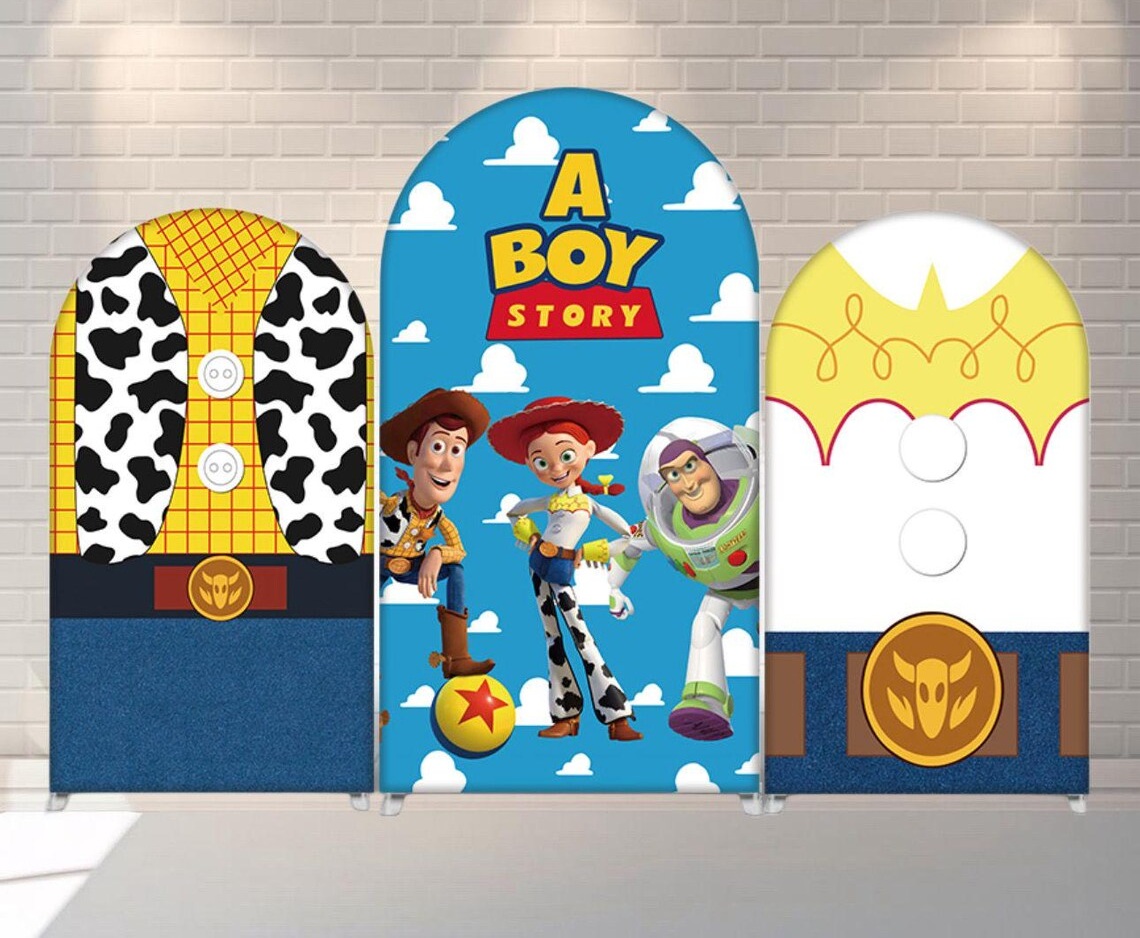 Toy Story Woody Buzz Jessie Personalized Fabric Arch Cover Backdrop Background 7.2ft by 4ft Life Size Prop Decoration Party Birthday