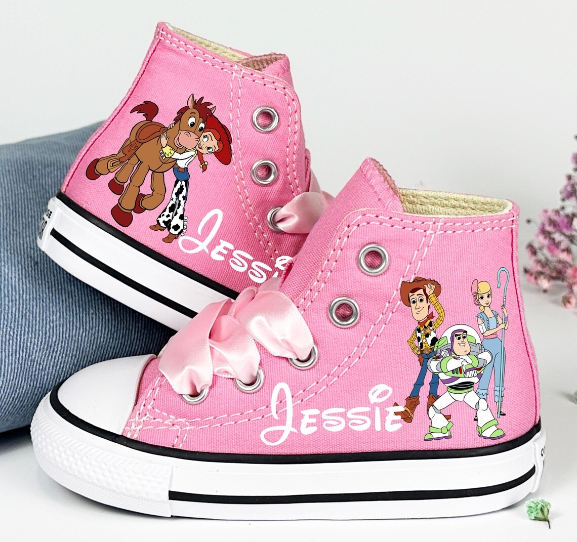 Personalized Name Birthday Toy Story Characters Pink High Top Sneaker Custom Shoes Gift