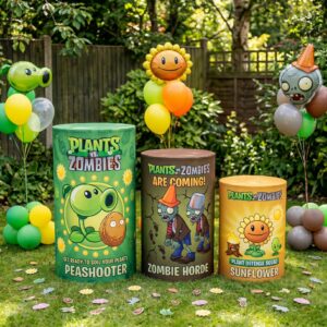 Plants vs Zombies Theme Premium Printed Cylinder Plinth Cover Set - 3 Pieces Birthday, Baby Showers, Events, Gifts