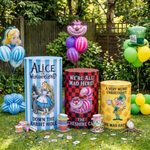 Alice in Wonderland Theme Premium Printed Cylinder Plinth Cover Set - 3 Pieces Birthday, Baby Showers, Events, Gifts