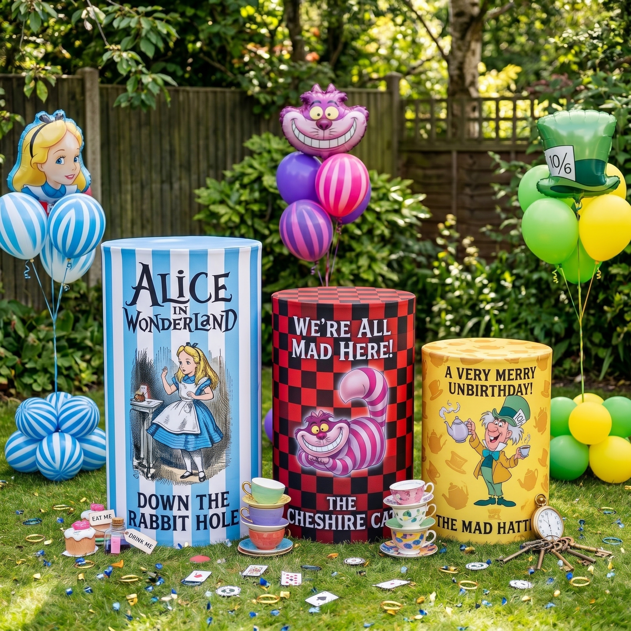 Alice in Wonderland Theme Premium Printed Cylinder Plinth Cover Set - 3 Pieces Birthday, Baby Showers, Events, Gifts