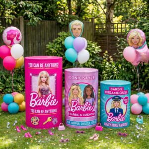 Blonde Barbie Girl Doll Theme Premium Printed Cylinder Plinth Cover Set - 3 Pieces Birthday, Baby Showers, Events, Gifts