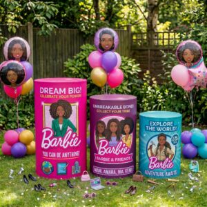 Black Barbie Girl Doll Theme Premium Printed Cylinder Plinth Cover Set - 3 Pieces Birthday, Baby Showers, Events, Gifts