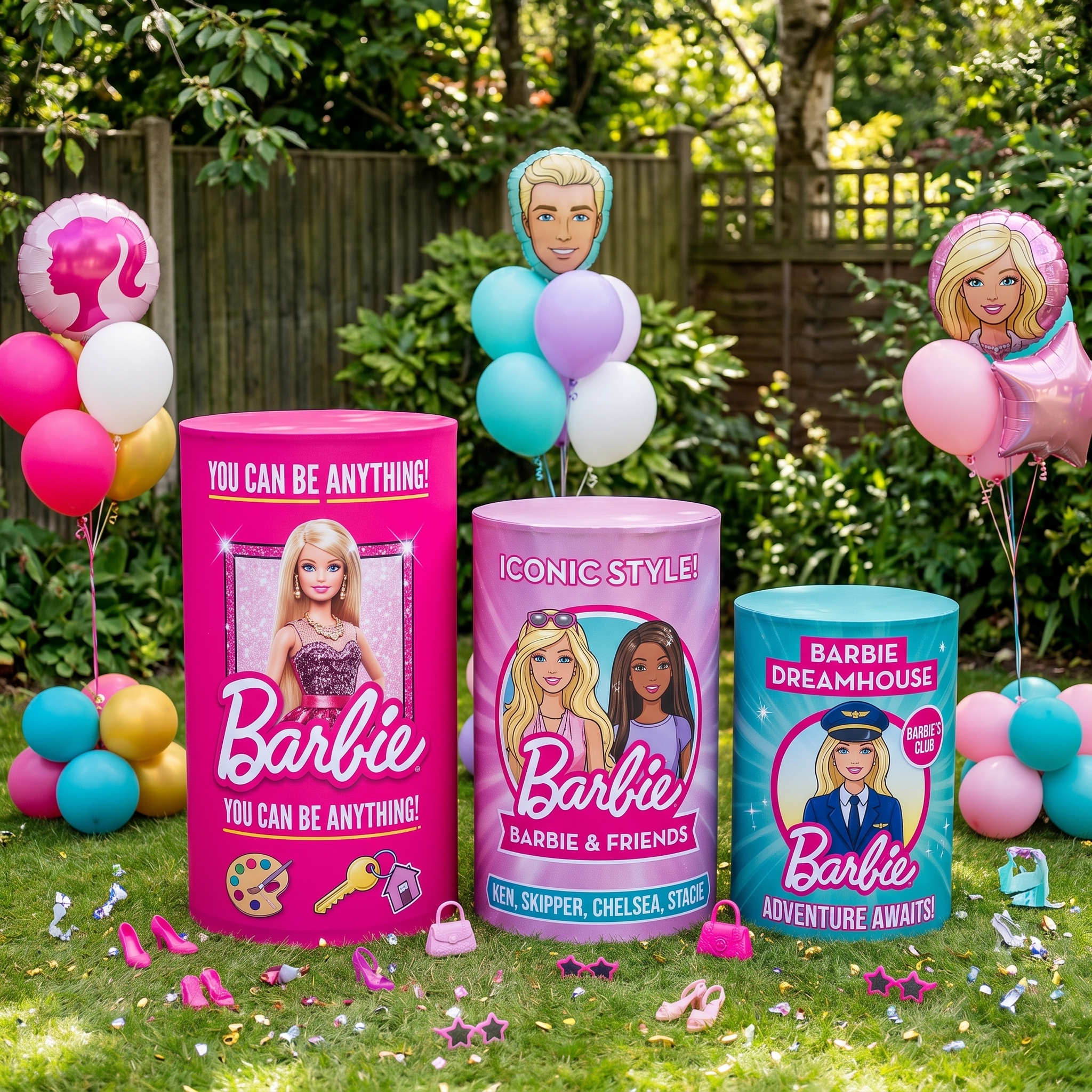 Blonde Barbie Girl Doll Theme Premium Printed Cylinder Plinth Cover Set - 3 Pieces Birthday, Baby Showers, Events, Gifts