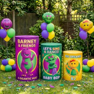 Barney and Friends Theme Premium Printed Cylinder Plinth Cover Set - 3 Pieces Birthday, Baby Showers, Events, Gifts