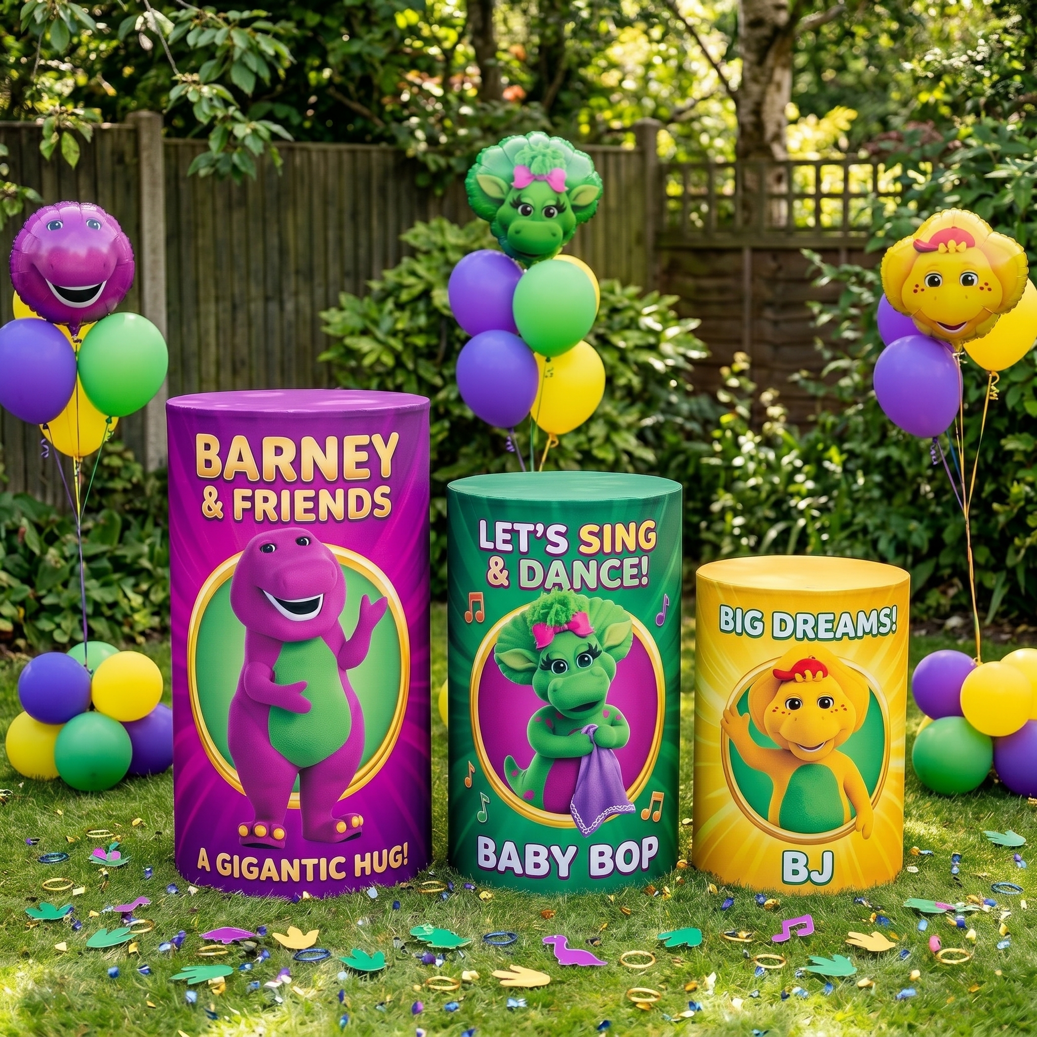 Barney and Friends Theme Premium Printed Cylinder Plinth Cover Set - 3 Pieces Birthday, Baby Showers, Events, Gifts