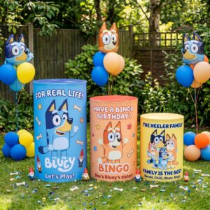 Bluey Theme Premium Printed Cylinder Plinth Cover Set - 3 Pieces Birthday, Baby Showers, Events, Gifts