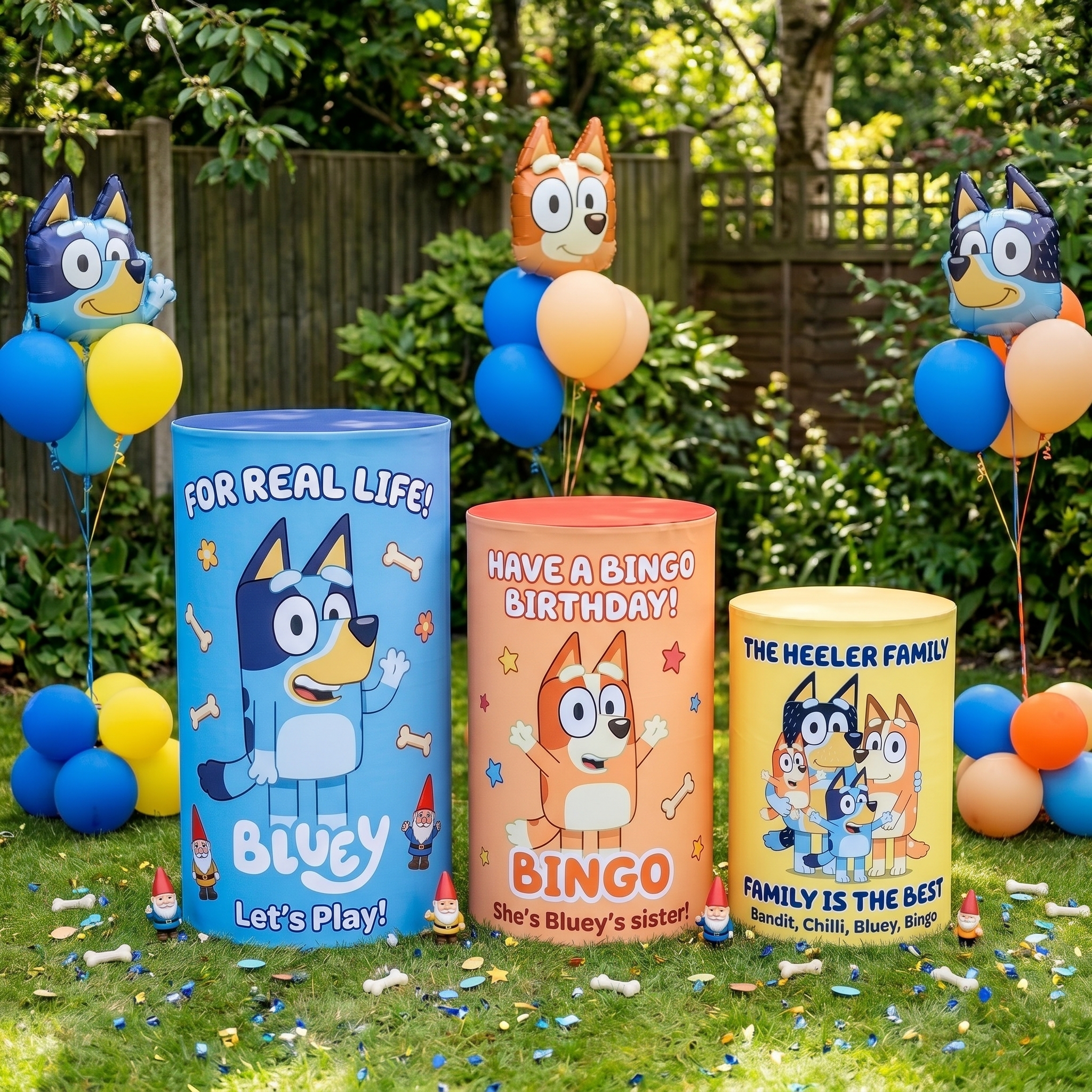 Bluey Theme Premium Printed Cylinder Plinth Cover Set - 3 Pieces Birthday, Baby Showers, Events, Gifts