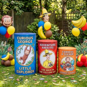 Curious George Monkey Theme Premium Printed Cylinder Plinth Cover Set - 3 Pieces Birthday, Baby Showers, Events, Gifts