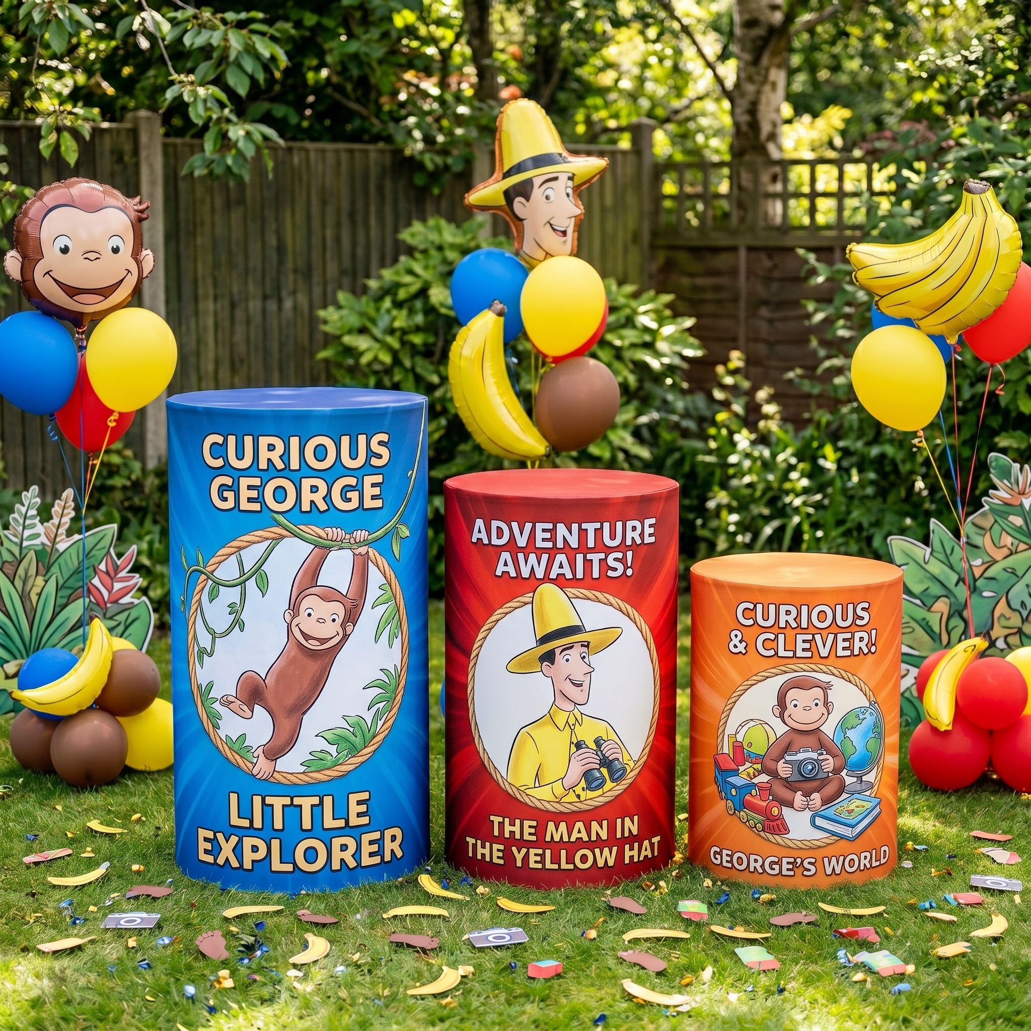 Curious George Monkey Theme Premium Printed Cylinder Plinth Cover Set - 3 Pieces Birthday, Baby Showers, Events, Gifts
