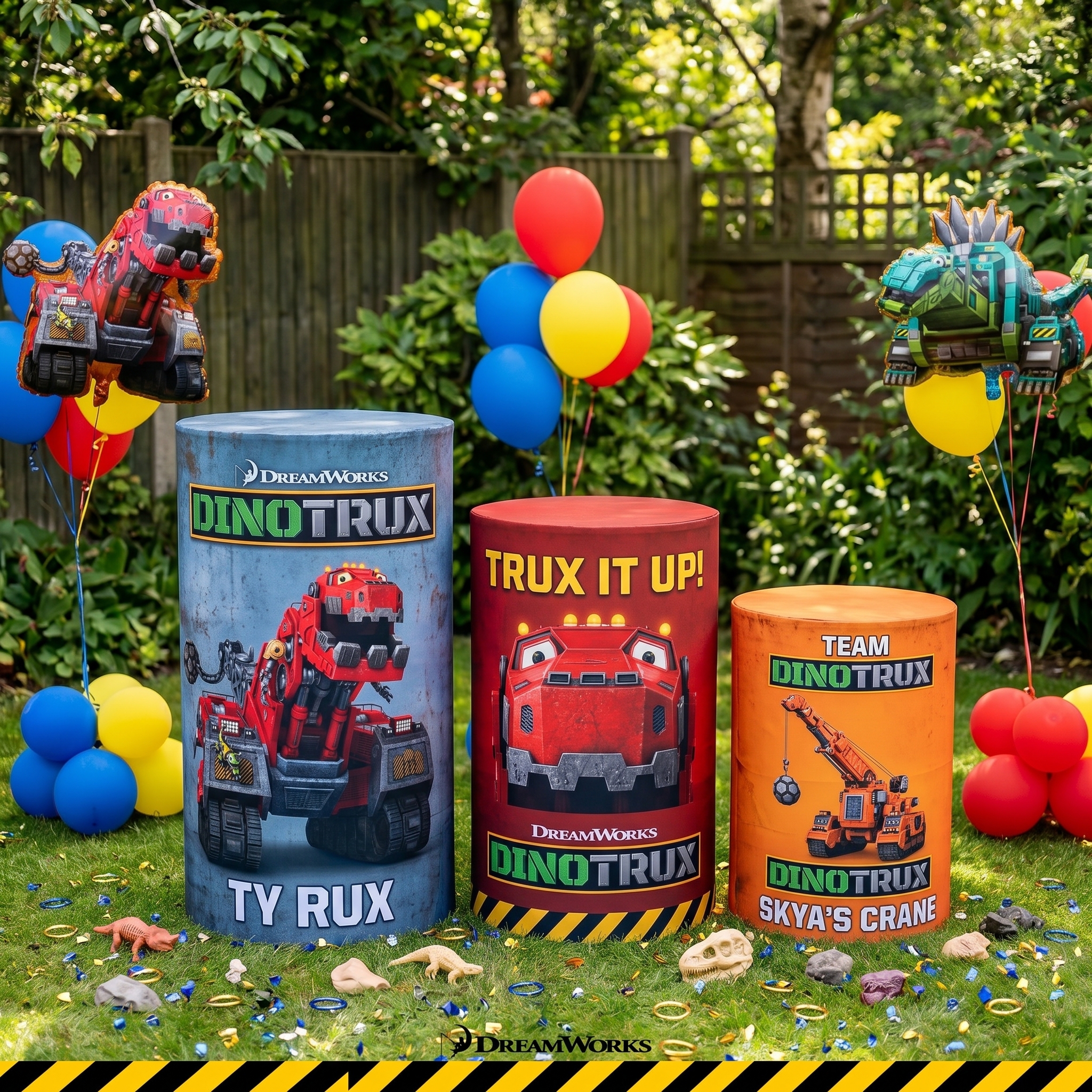 Dinotrux Theme Premium Printed Cylinder Plinth Cover Set - 3 Pieces Birthday, Baby Showers, Events, Gifts