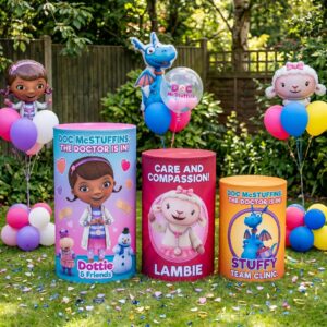 Doc McStuffins Theme Premium Printed Cylinder Plinth Cover Set - 3 Pieces Birthday, Baby Showers, Events, Gifts