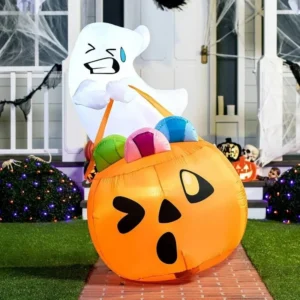 Ghost carrying Pumpkin treats Inflatable Yard 5' Foot Decoration Party Prop Sign Halloween