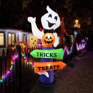 Ghost and Pumpkin Trick or Treat Sign Inflatable Yard 8' Foot Decoration Party Prop Sign Halloween