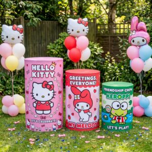 Hello Kitty Theme Premium Printed Cylinder Plinth Cover Set - 3 Pieces Birthday, Baby Showers, Events, Gifts