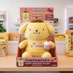 14" Hello Kitty Pompompurin Birthday Themed Plush Plushy Toy in Collector's Display Box Gift Present Keepsake