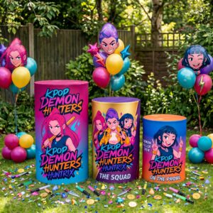 KPop Demon Hunters Huntrix Theme Premium Printed Cylinder Plinth Cover Set - 3 Pieces Birthday, Baby Showers, Events, Gifts