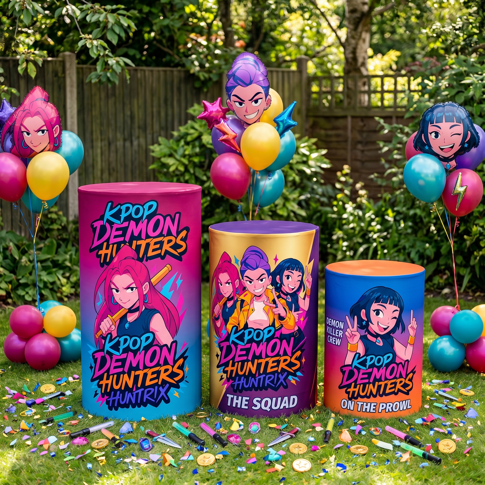 KPop Demon Hunters Huntrix Theme Premium Printed Cylinder Plinth Cover Set - 3 Pieces Birthday, Baby Showers, Events, Gifts