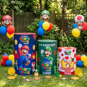 Super Mario Bros Movie Theme Premium Printed Cylinder Plinth Cover Set - 3 Pieces Birthday, Baby Showers, Events, Gifts