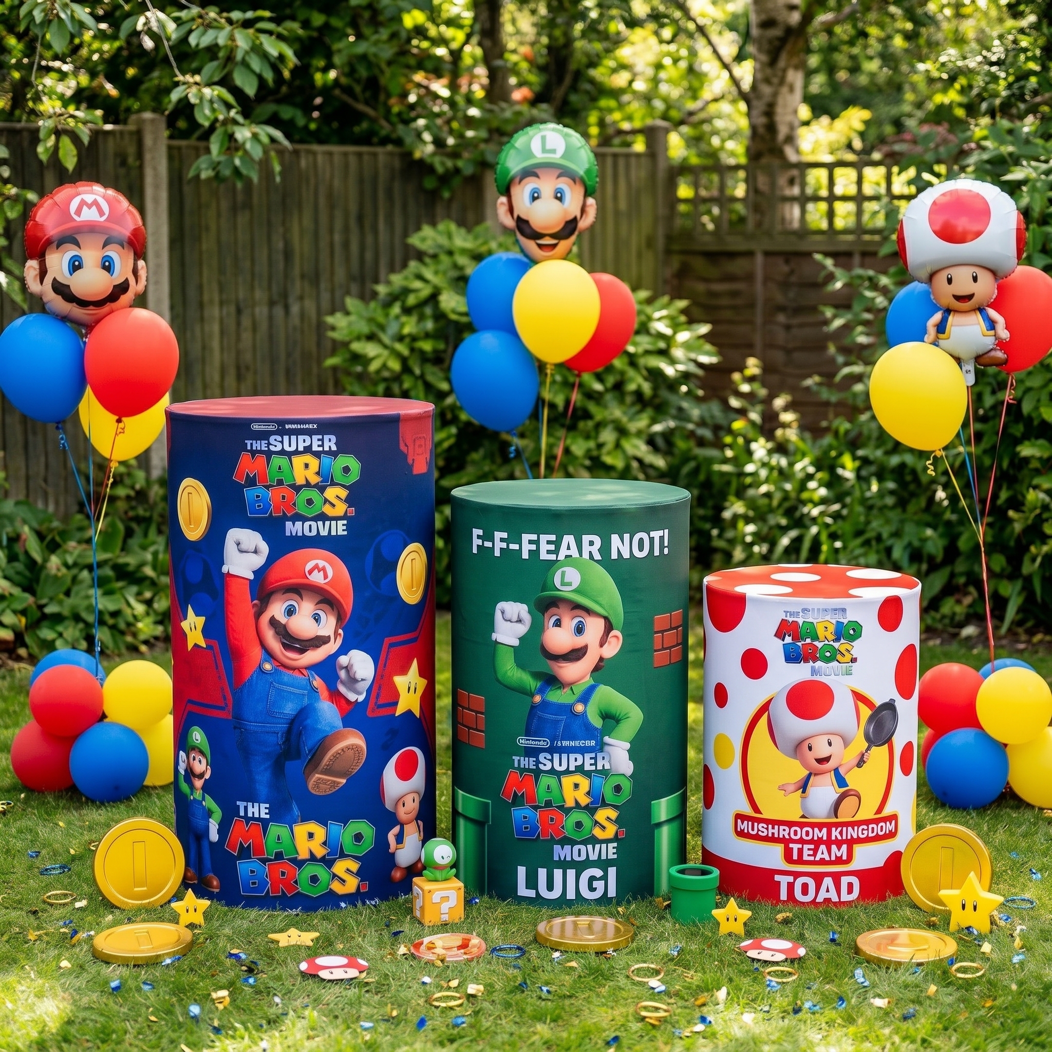 Super Mario Bros Movie Theme Premium Printed Cylinder Plinth Cover Set - 3 Pieces Birthday, Baby Showers, Events, Gifts